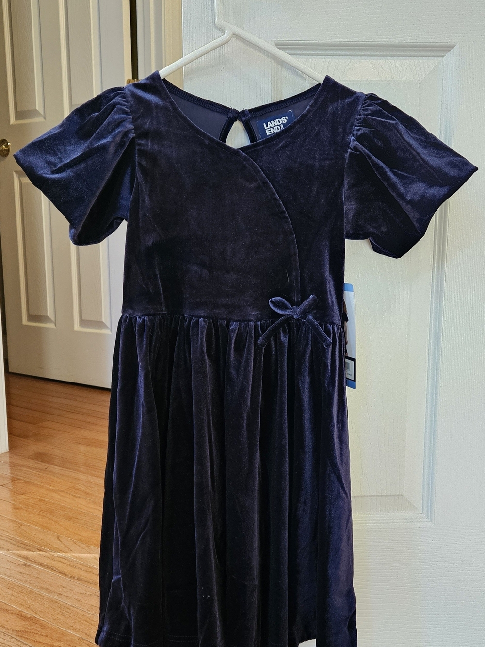Lands' End Girls' Velvet Dark Blue Bow-Detail Dress